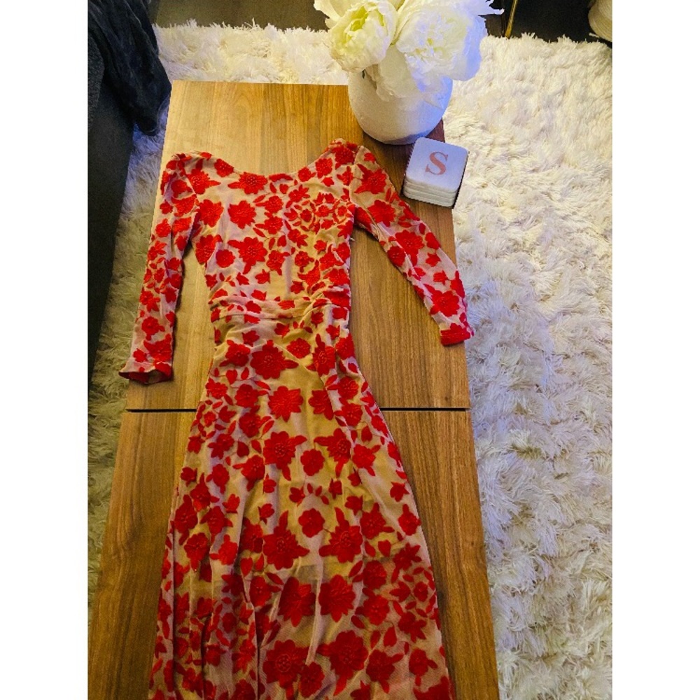 For love and lemons dress, red flowers, tan